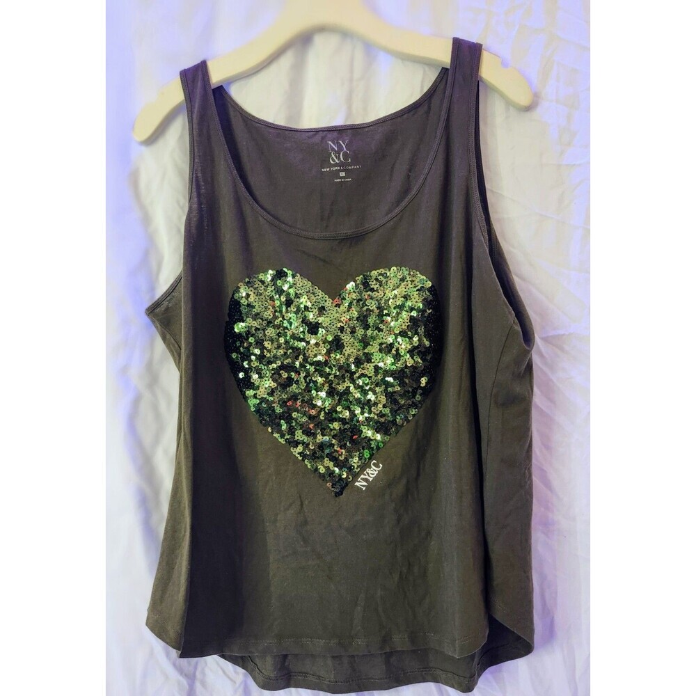 NY&Co. Green Tank Top with Sequin Heart Womens XL